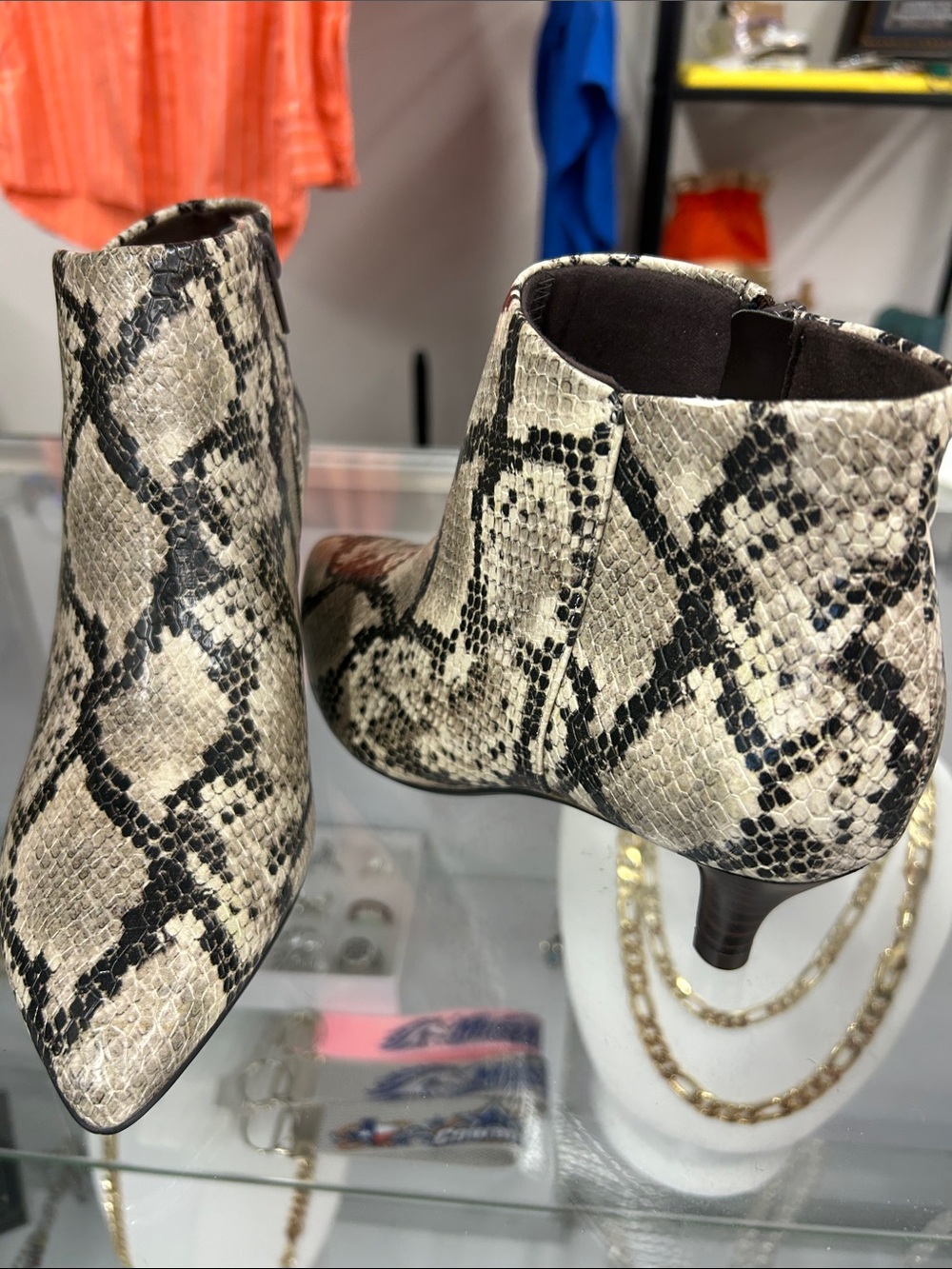 Clarks Snake-Print Pointed Toe Ankle Boots in Beige and Black